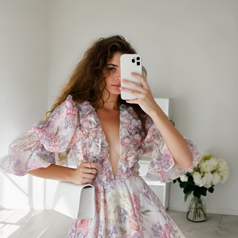 Rosette Whisper Puff Sleeve Dress