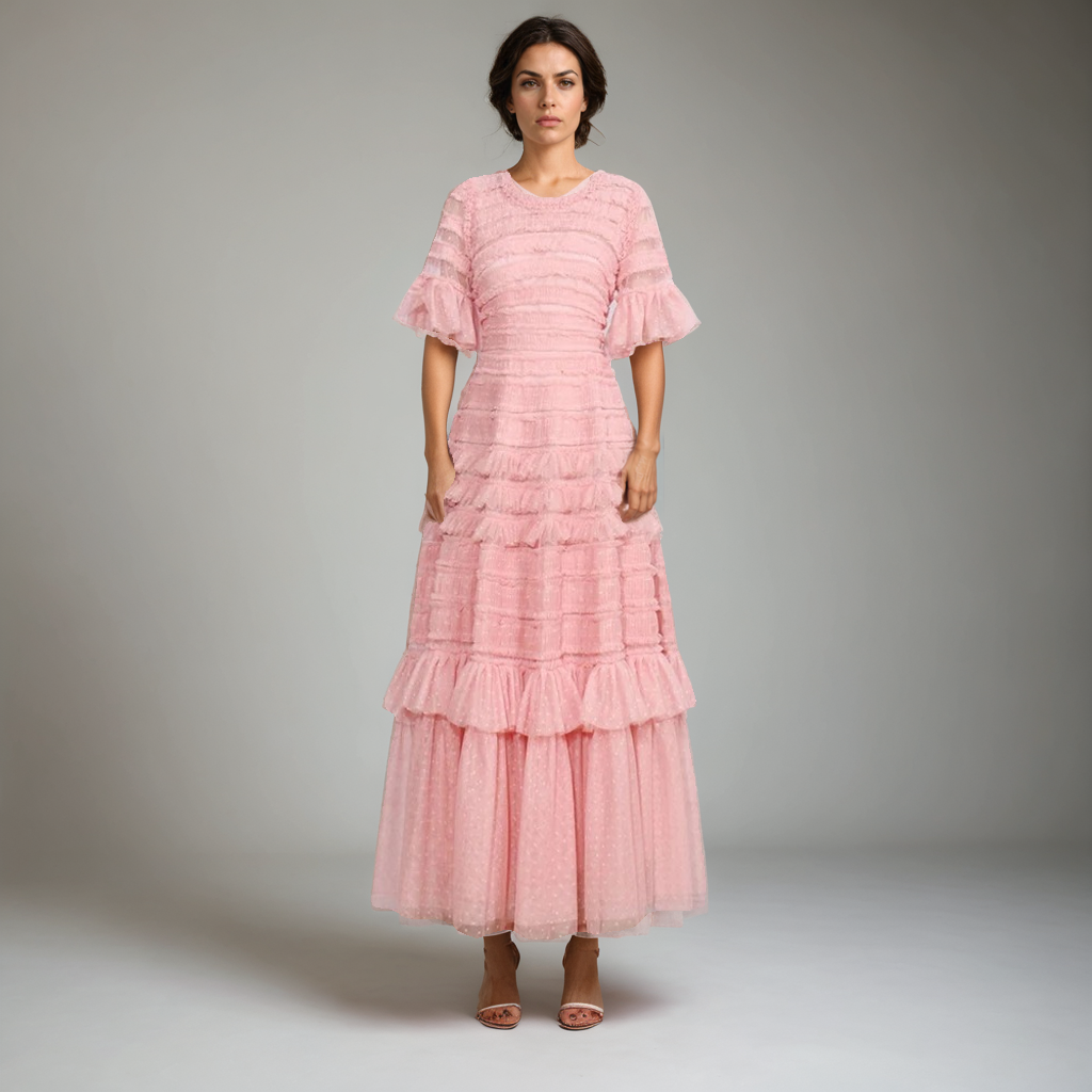 Dotelle Mesh Ruffle Gown
